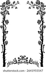 Black silhouette arch of roses frame. An elegant frame with roses and thorns. For book covers, invitations, greetings, and posters. Medieval, victorian, gothic style or castlecore