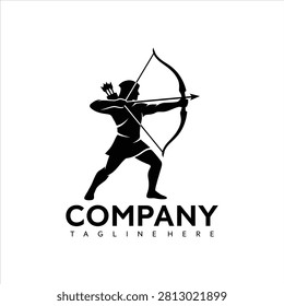 Black silhouette of an archer in action with a bow and arrow, standing in a powerful stance, ready to shoot, with a bold company logo and tagline on a white background.