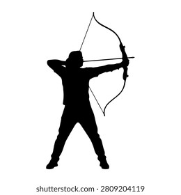 Black silhouette of an archer aiming with a bow, showcasing focus and precision, against a plain white background, emphasizing the sport and skill involved.
