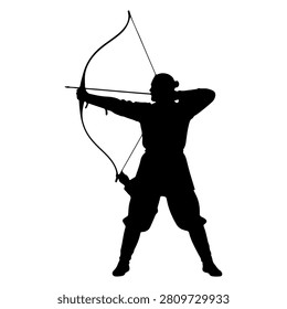 A black silhouette of an archer aiming a bow, capturing the dynamic posture and focus of the sport in a minimalist style.