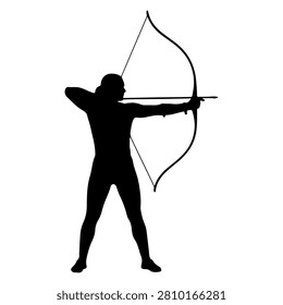 Black silhouette of an archer aiming with a bow, showcasing focus and precision in a dynamic stance, emphasizing strength and concentration.