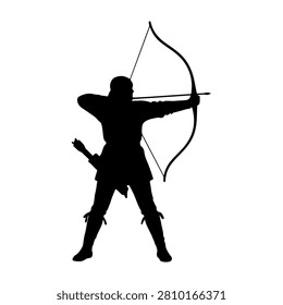 A black silhouette of an archer aiming with a bow, capturing the essence of archery and focus in a dynamic pose.