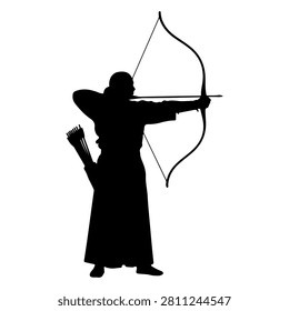 Black silhouette of an archer aiming a bow, carrying a quiver, set against a plain background, emphasizing focus and precision in archery.