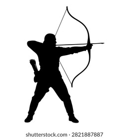 Black silhouette of an archer aiming with a bow, emphasizing focus, precision, and strength in a dynamic pose against a plain background.
