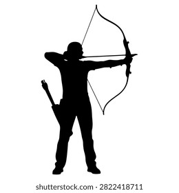 Black silhouette of an archer aiming a bow and arrow, emphasizing focus and precision in a dynamic pose against a plain background.