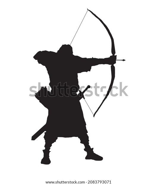 Black silhouette of an archer with a bow\
takes aim, ready to shoot. on the belt a quiver with arrows and a\
sword. 2D illustration.