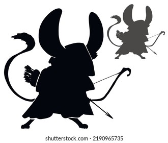 A Black Silhouette Of An Archer Mouse Or Jerboa With A Tassel On Its Tail, Huge Protruding Ears And A Small Bow With Curls And An Embedded Arrow. 2d Vector Art