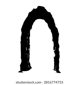 A black silhouette of an archway with textured, rough edges on a white background, emphasizing shape and form without additional details.