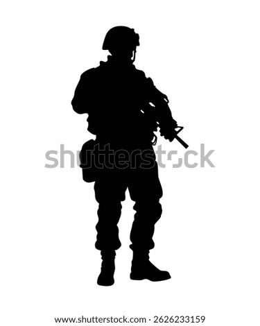 Black silhouette of armed soldier in combat stance, depicting military strength, defense, and tactical readiness