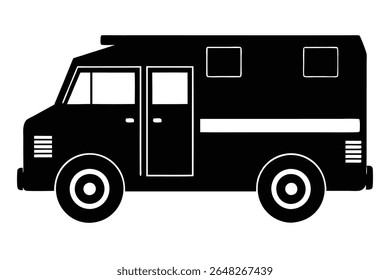 Silhueta preta de um caminhão blindado vista lateral contra fundo branco ilustração gráfica vetor simples