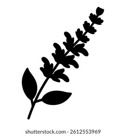 Black Silhouette of Aromatic Lavender or Mint Plant with Green Leaves