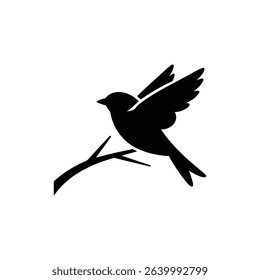 Black silhouette art depicts a bird perched on a branch with wings spread, contrasted against a white background, suitable for various design applications.