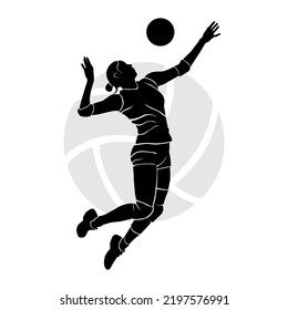Black silhouette art of female volleyball player hitting the ball. Vector illustration