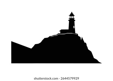 A black silhouette art of a lighthouse on rocky cliff
