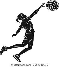 Black silhouette art of volleyball player hitting the ball. Vector illustration