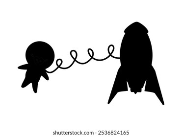 Black silhouette astronaut in space and rocket - horizontal vector illustration for design