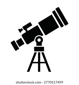 A black silhouette of an astronomical telescope mounted on a tripod, used for observing celestial bodies and distant objects in space.