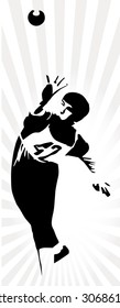 Black silhouette of athlete, shot putter, illustration isolated on white background