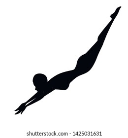 Black silhouette athlete woman in swimsuit jump to water cartoon character design flat vector illustration on white background