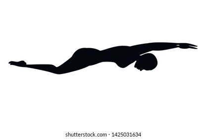 Black silhouette athlete woman in swimsuit swimming in butterfly style cartoon character design flat vector illustration on white background