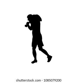 Black silhouette of athletic man carrying heavy earth bag on his shoulders.  Vector illustration.