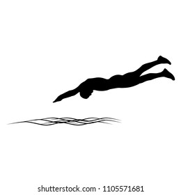 Black Silhouette Of Athletic Man Jumping Into The Water. Isolated Vector Illustration.