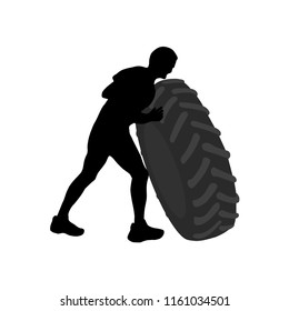 Black silhouette of athletic man turning over big heavy tyre. Obstacle race symbol. Isolated vector illustration.