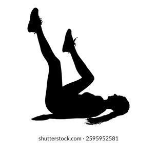 Black silhouette of athletic woman doing fitness exercises with legs raised up, isolated. Vector illustration