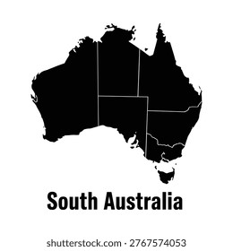 Black silhouette of australia with state borders and text below