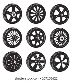 black  silhouette: automotive wheel with alloy wheels and tires