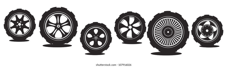 black  silhouette: automotive wheel with alloy wheels and tires