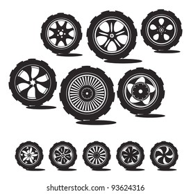 black  silhouette: automotive wheel with alloy wheels and tires