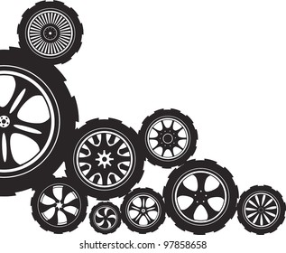 black  silhouette: automotive wheel with alloy wheels and tires