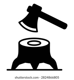 Black silhouette of axe above log splitter base, industrial tool concept