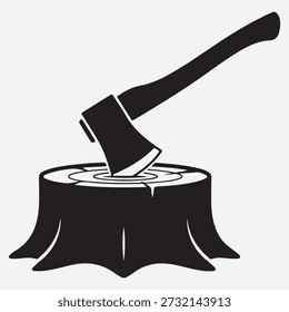 Black silhouette of an axe embedded in a tree stump with visible rings and cracks wood chopping.
