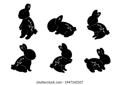 Black silhouette Baby Bunnies with leafs. Little Rabbit. Cute Easter Animal. Hares Vector Kids Illustration isolated on background. Design for card, print, book, kids story	