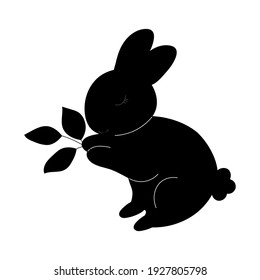 Black silhouette Baby Bunny holds leaves in its paws.. Little Rabbit. Cute Easter Animal. Hares Vector Kids Illustration isolated on background. Design for card, print, book, kids story	