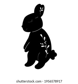 Black silhouette Baby Bunny with leafs. Little Rabbit. Cute Easter Animal. Hares Vector Kids Illustration isolated on background. Design for card, print, book, kids story