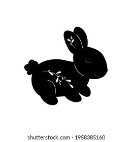 Black silhouette Baby Bunny with leafs. Little Rabbit. Cute Easter Animal. Hares Vector Kids Illustration isolated on background. Design for card, print, book, kids story
