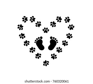 Black silhouette of baby footprints inside heart made of animal paws track isolated on white background. Black and white vector illustration, logo, icon.