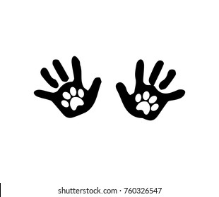 Black silhouette of baby hand prints with animal pawprints inside the palms isolated on white background. Black and white vector illustration, logo, icon.