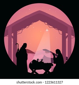 Black silhouette of baby Jesus in the manger with Joseph and Mary for Christmas theme.