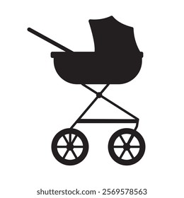 Black silhouette baby stroller. Vector illustration isolated on white background