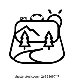 A black silhouette of a backpack filled with a mountain landscape, trees, and sun, isolated on white background.