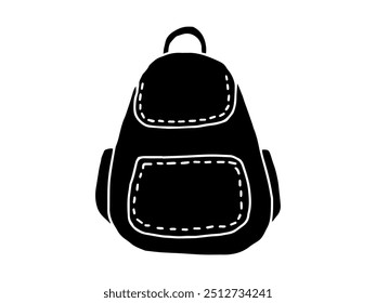 Silhueta preta de uma mochila isolada no fundo branco. Conceito de estilo minimalista, saco de escola, acessório de viagem, elemento de design. Ícone, imprimir.