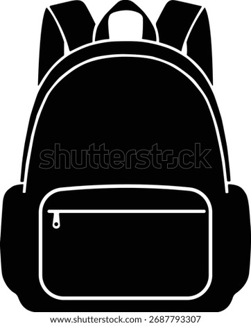 A black silhouette of a backpack with a zippered front pocket and padded straps, isolated on a clean white background.