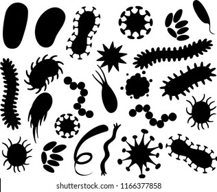 Black silhouette. Bacteria and viruses. Microorganisms collections. Flat vector bacteria, viruses, fungi, protozoa. Vector cartoon style illustration isolated on white background.