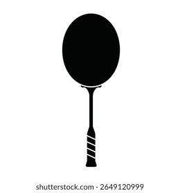 Uma silhueta preta de uma raquete de badminton é mostrada contra um fundo branco. A cabeça da raquete é circular e a alça tem um padrão listrado. O estilo é simples e mínimo.