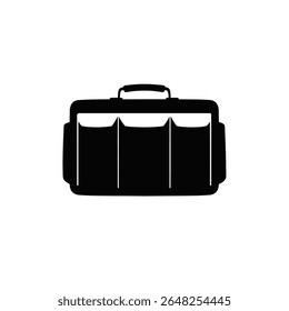 Black silhouette of a bag with three distinct compartments against a white background The bag features a simple handle at the top. The style is minimalist and vector based.