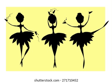 Black Silhouette Ballerina Dance With Flowers Figure